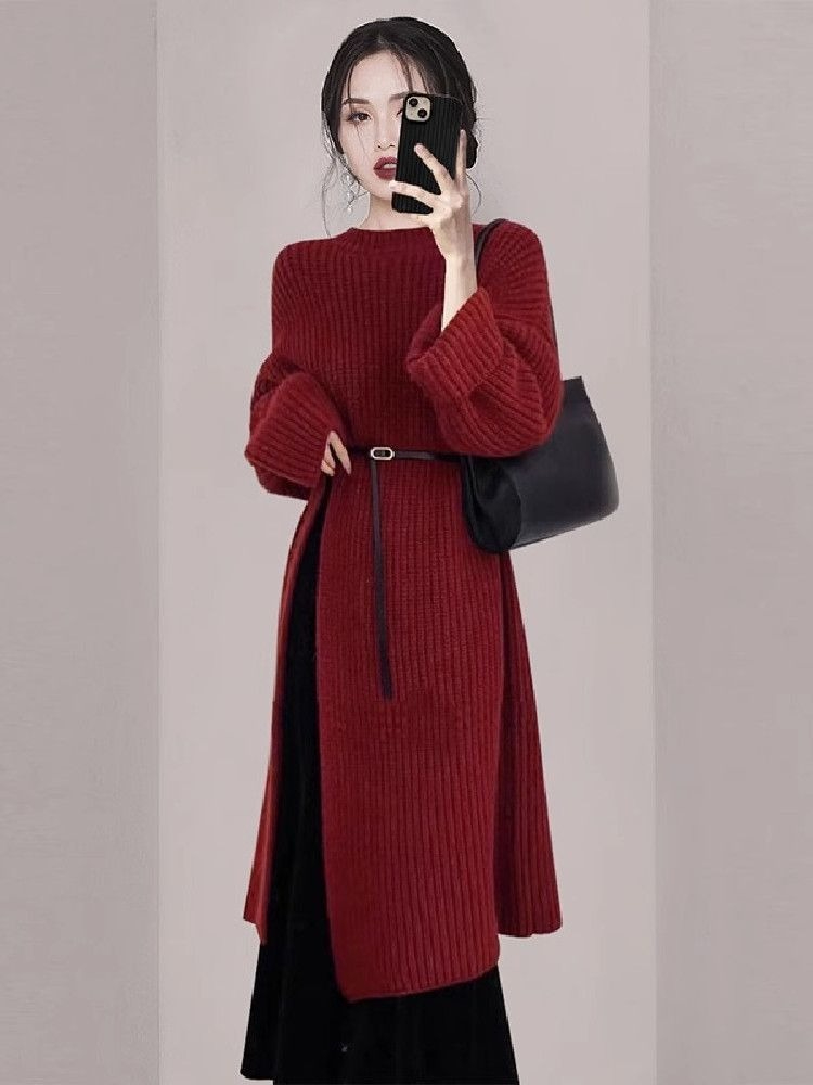 Women'S Red Formal Wear - Women Elegant Red Knit Dress Autumn