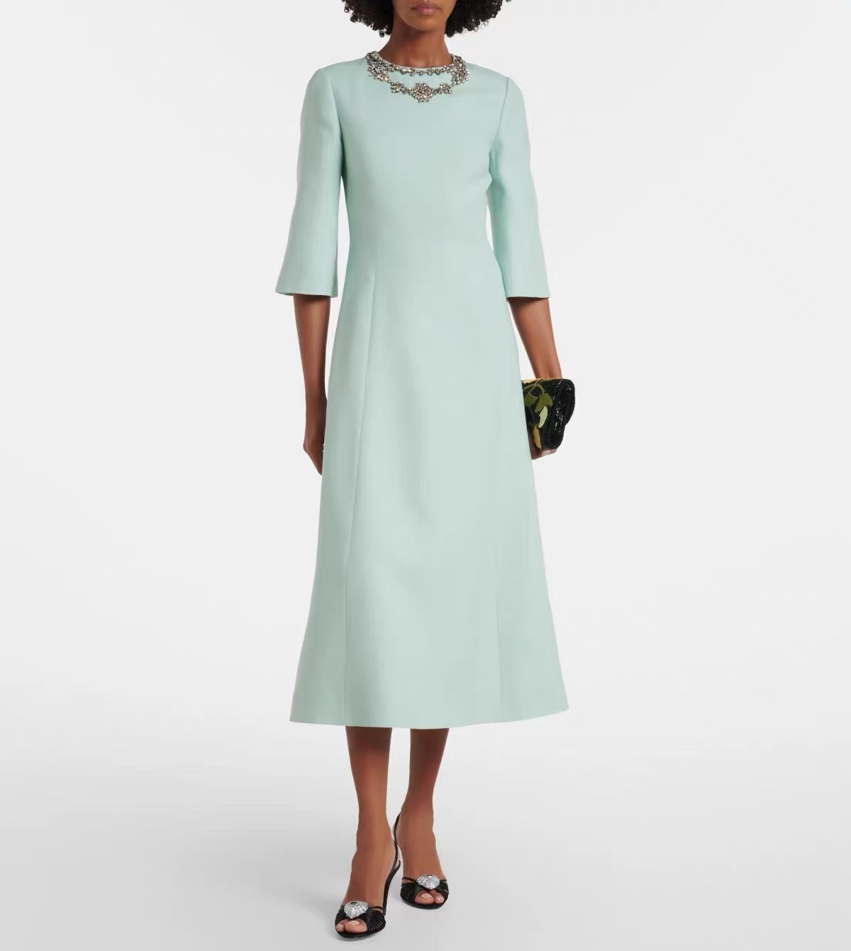 Midi Dress - Premium Silk Wool Mint Green Women